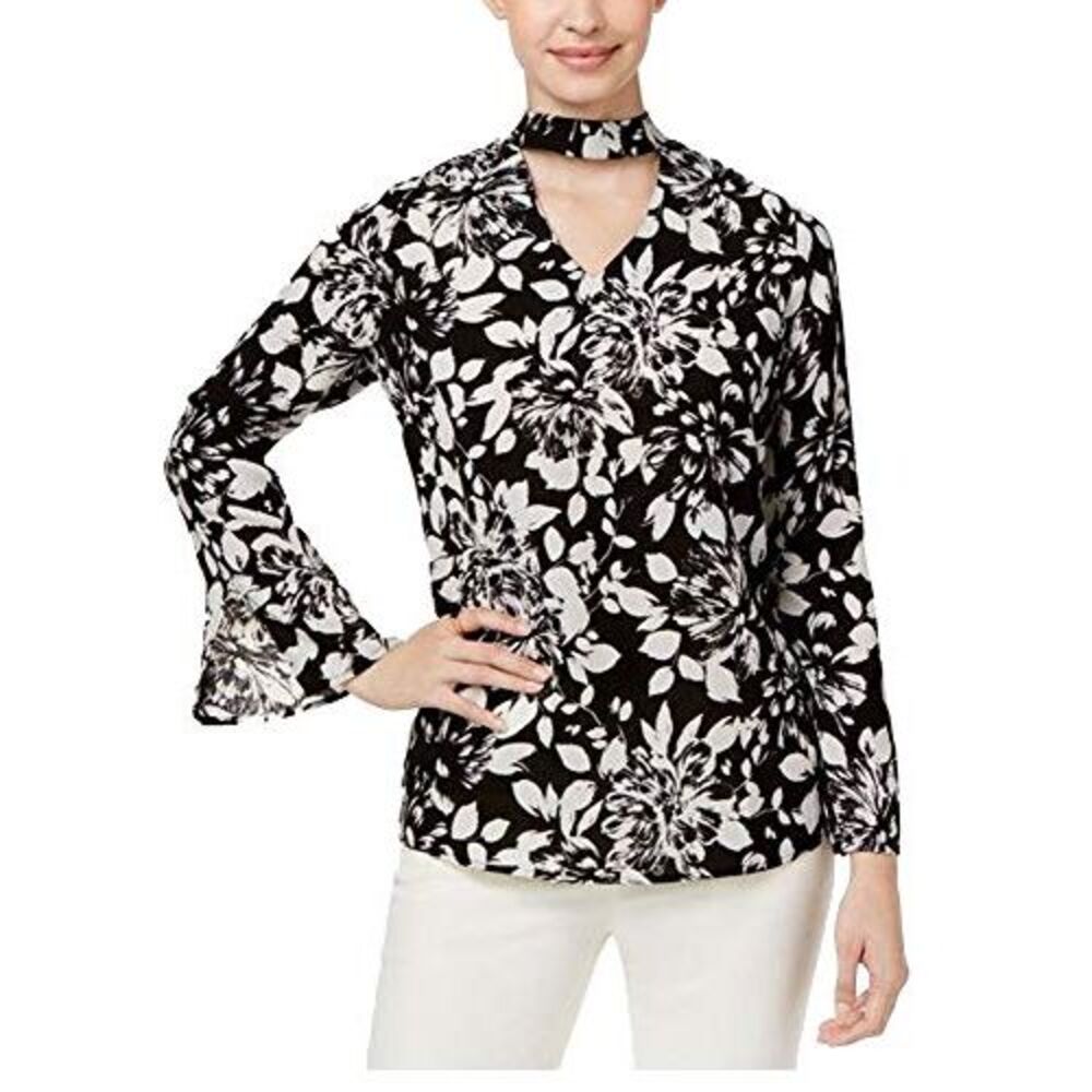 Ny Collection Floral Print Choker Blouse Black/White Night Dahlia L